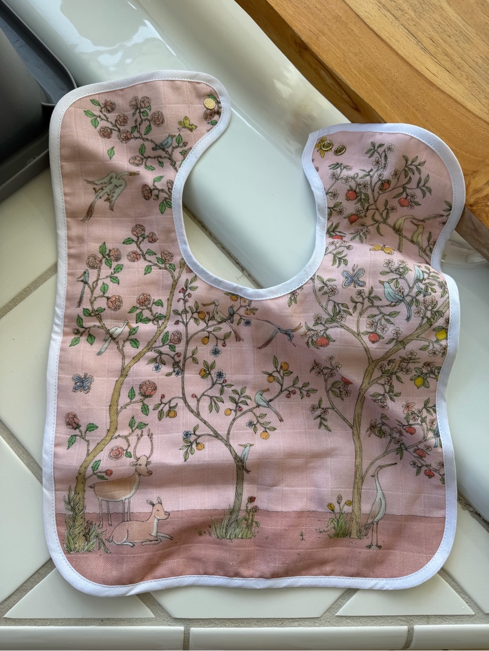 Pink Floral Forest Baby Bib with Snap Closure